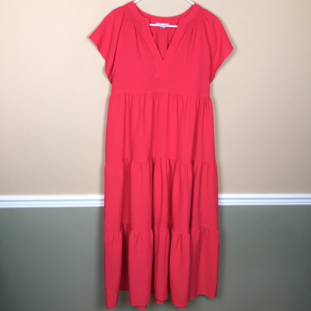 Calvin Klein Women’s Hot Pink Flutter Sleeve Tie Back Tiered Maxi Dress